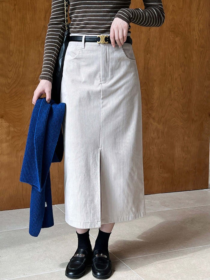 Vintage High-Waisted Corduroy Front-Slit Midi Skirt