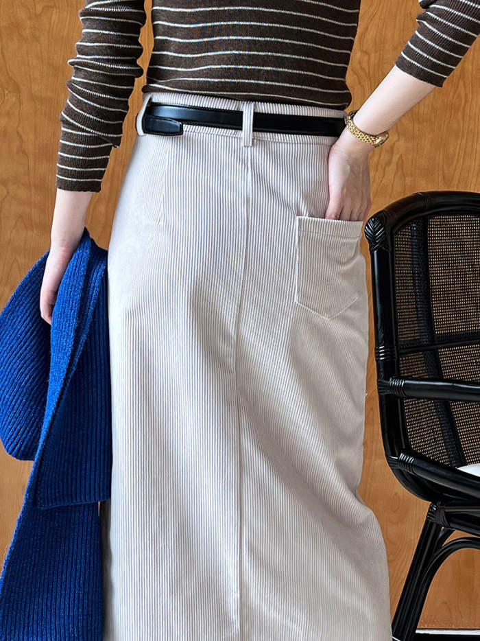 Vintage High-Waisted Corduroy Front-Slit Midi Skirt