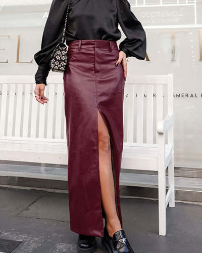 Wine Red Faux Leather Long Split Midi Skirt