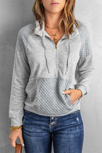 Diamond embossed collar drawstring zipper sweatshirt