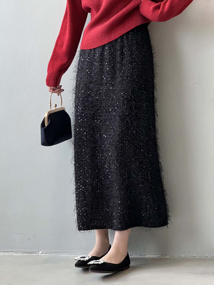 Elastic waist sequined knitted skirt