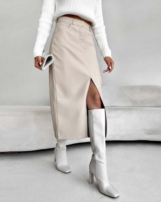 Vintage Front Slit and Lining Faux Leather Skirt