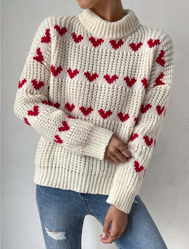 Half High Neck Loose Fit Love Heart Jacquard Knit Sweater