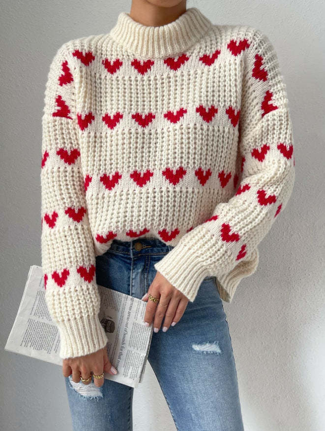 Half High Neck Loose Fit Love Heart Jacquard Knit Sweater