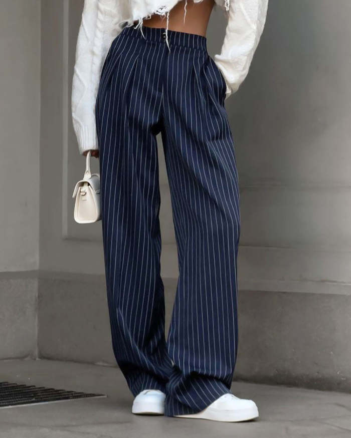 Navy Striped High-Waisted Straight Wide-Leg Pants