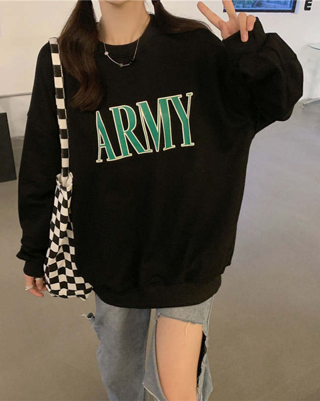 Retro ARMY printed loose long-sleeved sweatshirt