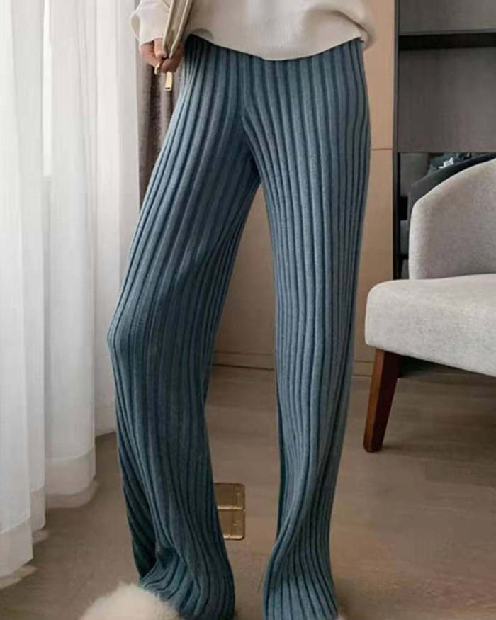 High-waisted draped pitted straight-leg loose knit trousers
