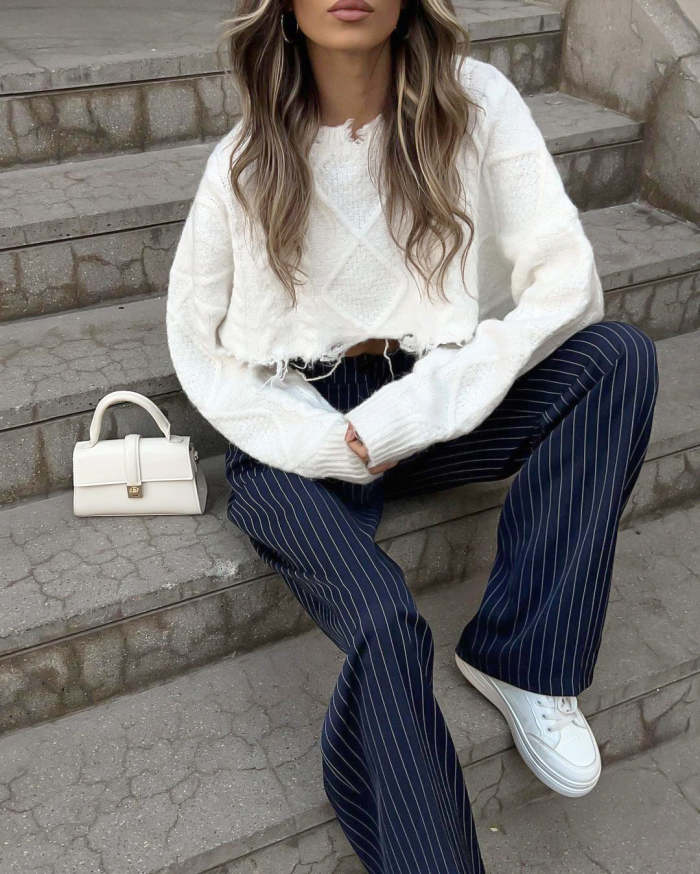 Navy Striped High-Waisted Straight Wide-Leg Pants