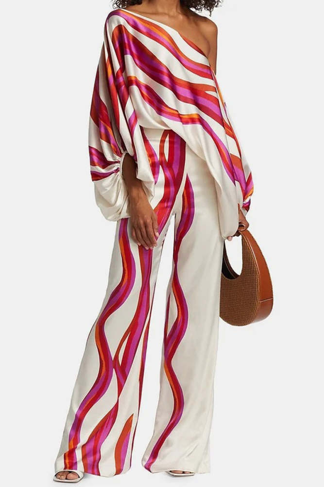 Casual Elegant Print Patchwork Off the Shoulder Long Sleeve Two Pieces