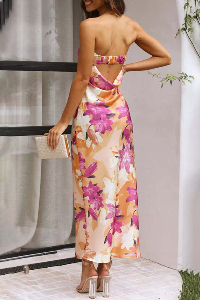 Celebrities Elegant Floral Backless Strapless Printed Dress Dresses