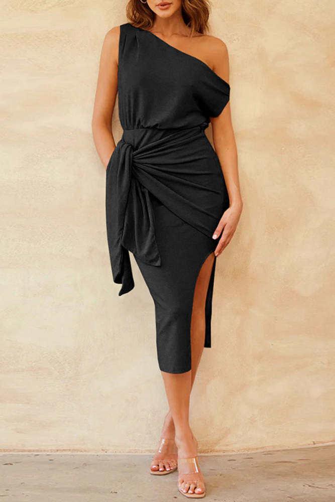 Celebrities Elegant Solid Slit Fold Oblique Collar Wrapped Skirt Dresses