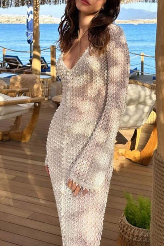 Sexy Vacation Solid Hollowed Out See-through Swimwears Cover Up