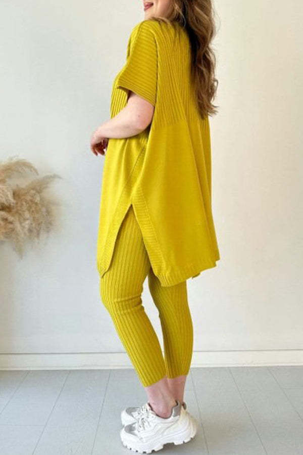 Casual Pleated Patchwork Slit Knitted Pants Suit