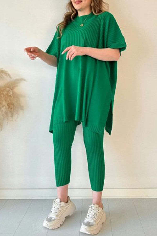 Casual Pleated Patchwork Slit Knitted Pants Suit