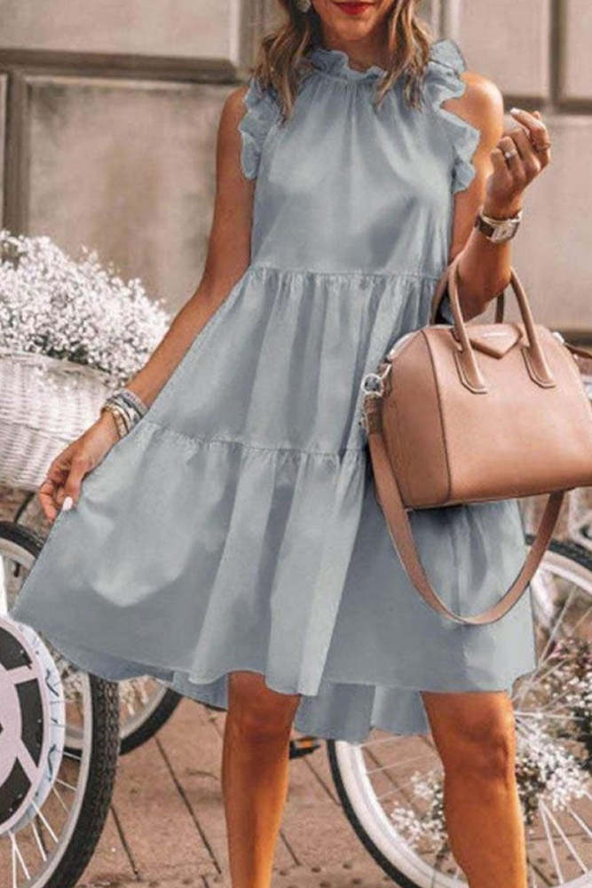 Fashion Sweet Solid Patchwork Flounce O Neck A Line Dresses(5 Colors)