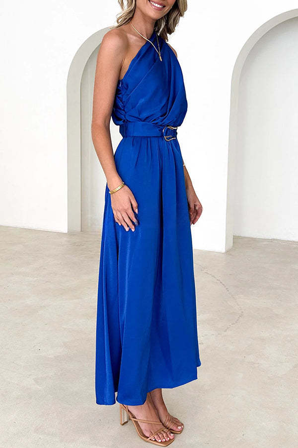 Siora Slope Neck High Waist Belted Backless Maxi Dress