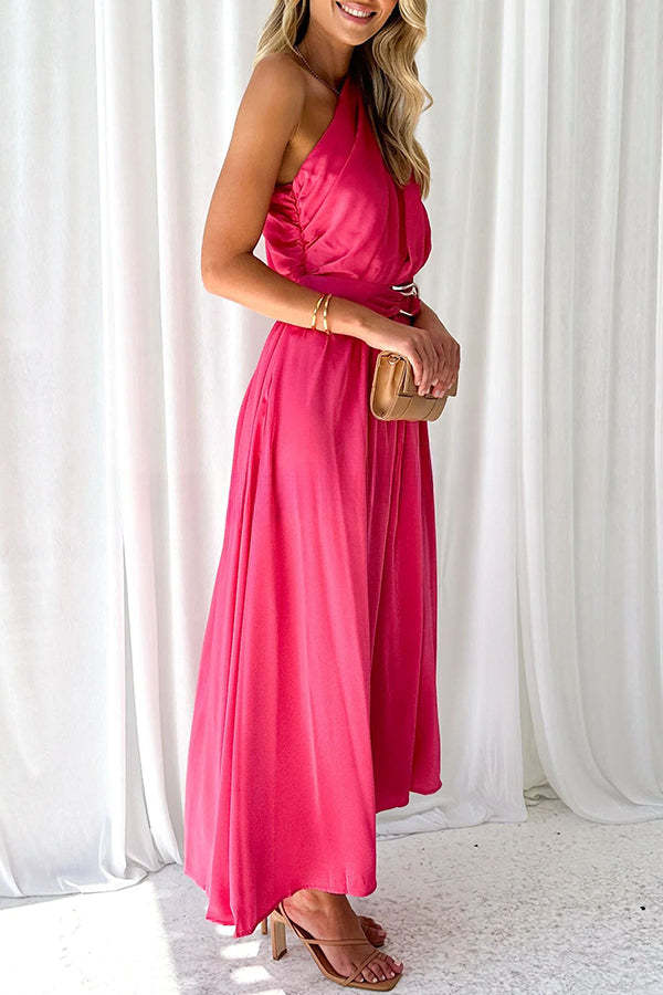 Siora Slope Neck High Waist Belted Backless Maxi Dress