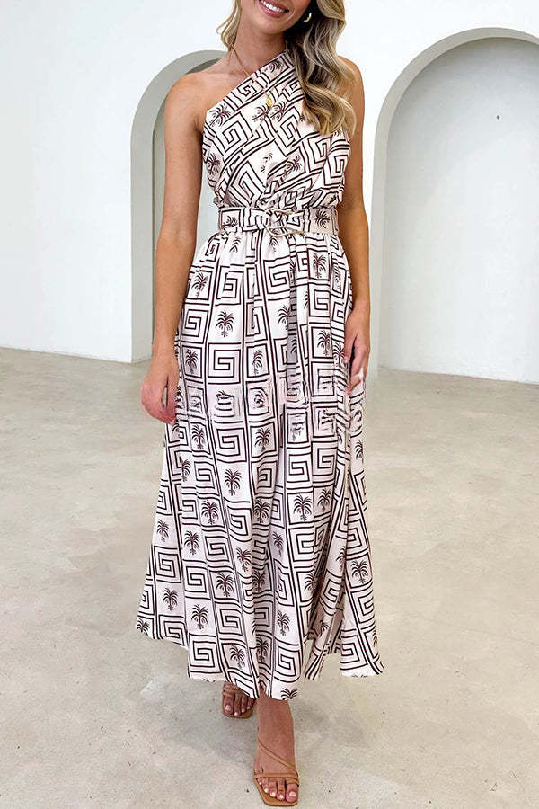 Showmaker Unique Printed Slope Neck High Waist Belted Maxi Dress