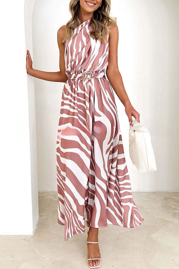 Showmaker Unique Printed Slope Neck High Waist Belted Maxi Dress