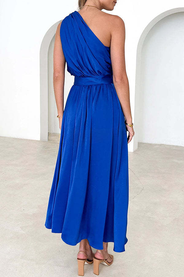 Siora Slope Neck High Waist Belted Backless Maxi Dress