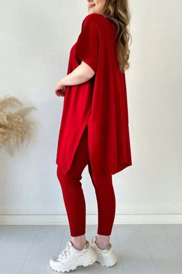 Casual Pleated Patchwork Slit Knitted Pants Suit