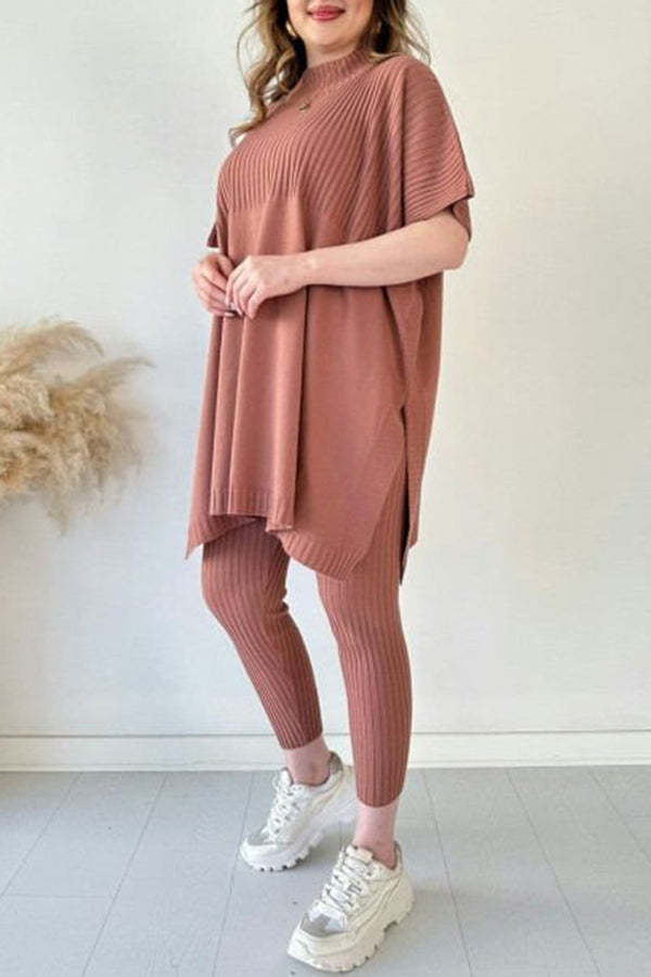 Casual Pleated Patchwork Slit Knitted Pants Suit