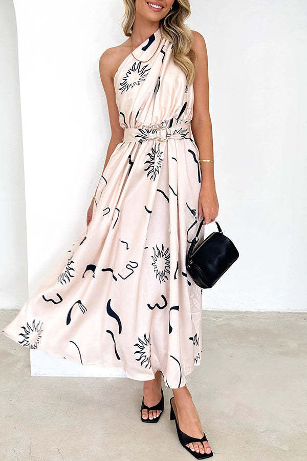 Showmaker Unique Printed Slope Neck High Waist Belted Maxi Dress