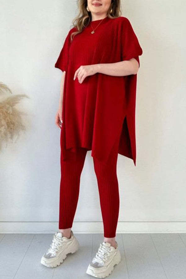 Casual Pleated Patchwork Slit Knitted Pants Suit