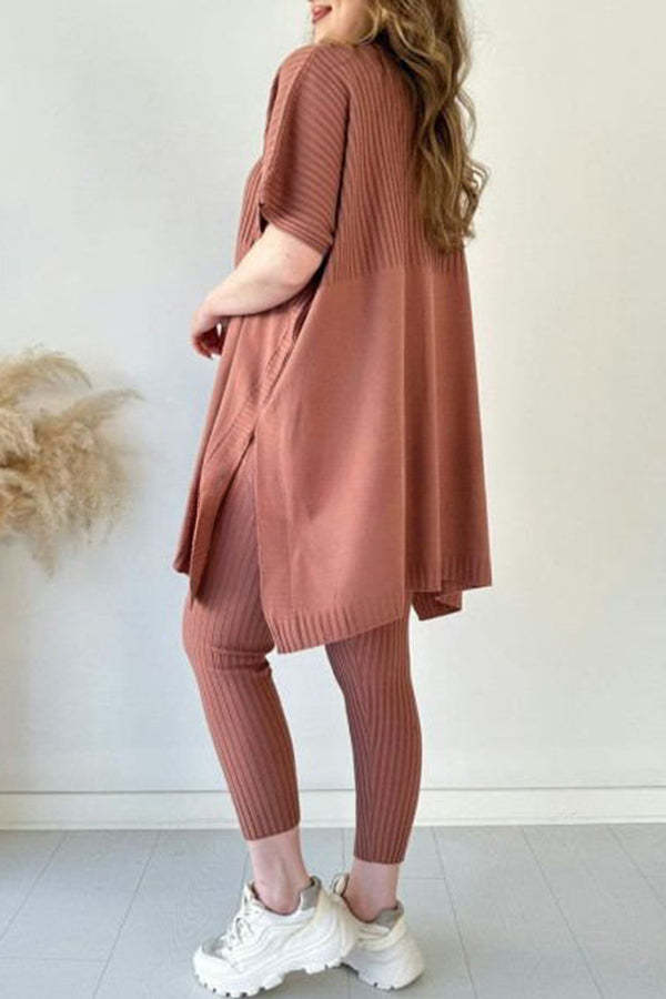 Casual Pleated Patchwork Slit Knitted Pants Suit