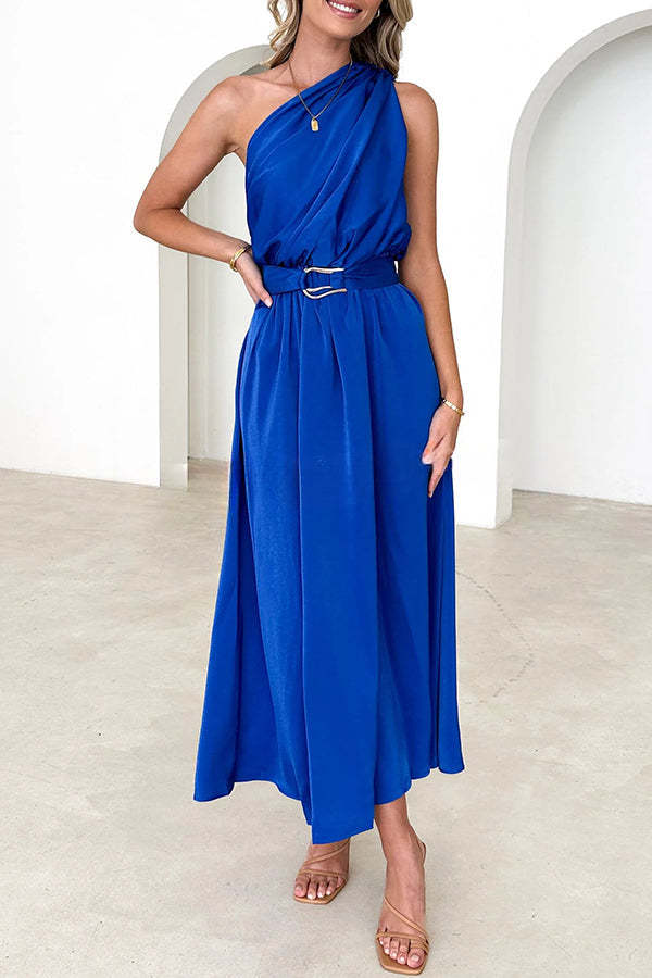 Siora Slope Neck High Waist Belted Backless Maxi Dress