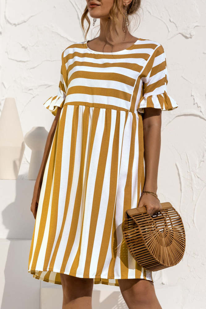 Fashion Casual Striped Patchwork O Neck A Line Dresses(4 Colors)