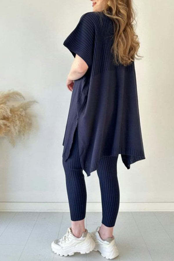 Casual Pleated Patchwork Slit Knitted Pants Suit