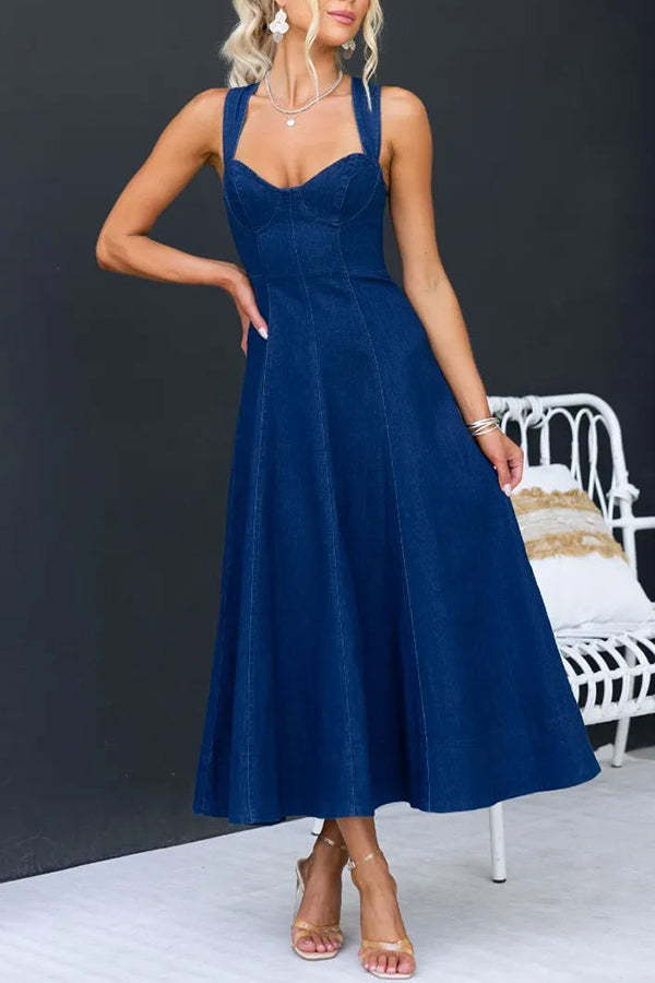 Palara Suspender Back Zipper Distressed Pleated Denim Maxi Dress