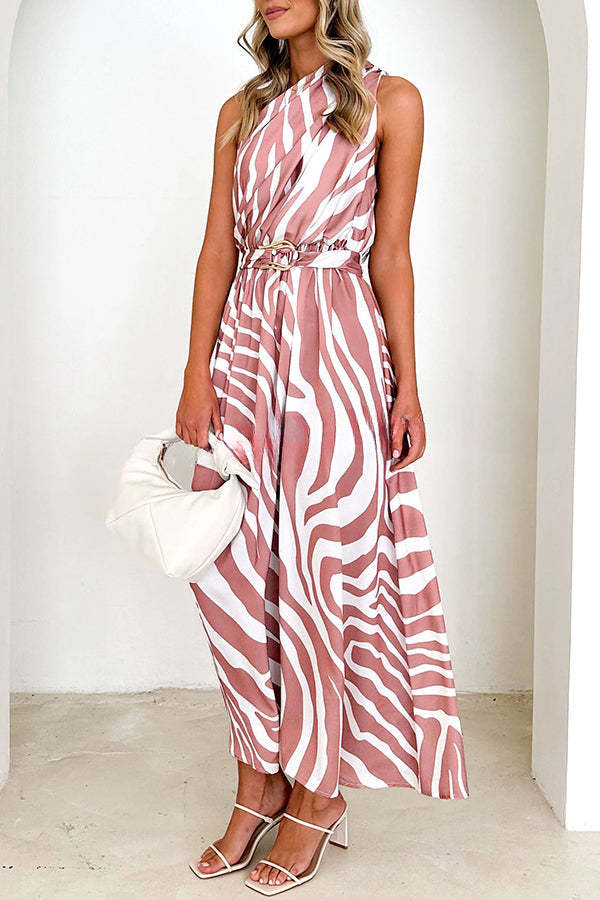 Showmaker Unique Printed Slope Neck High Waist Belted Maxi Dress