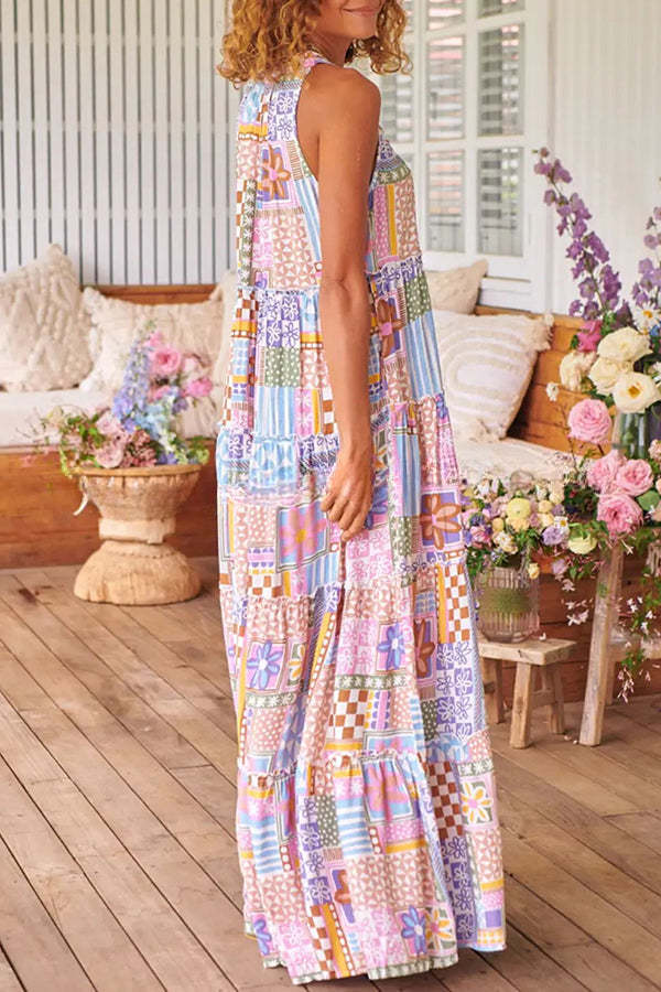 Beautiful Floral Print Round Neck Suspender Patchwork Lace Up Maxi Dress