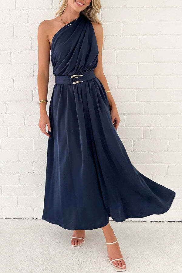 Siora Slope Neck High Waist Belted Backless Maxi Dress