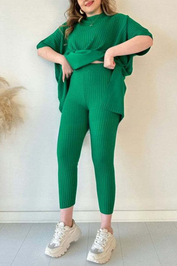 Casual Pleated Patchwork Slit Knitted Pants Suit