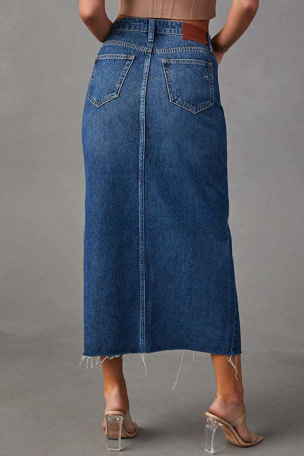 Lagne High Waisted Pocket Button Slit Washed Denim Skirt