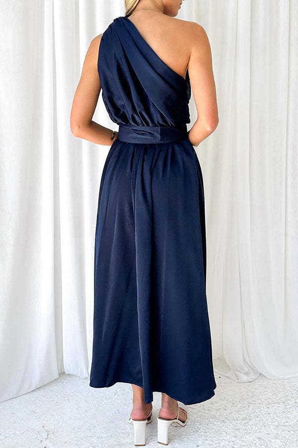 Siora Slope Neck High Waist Belted Backless Maxi Dress