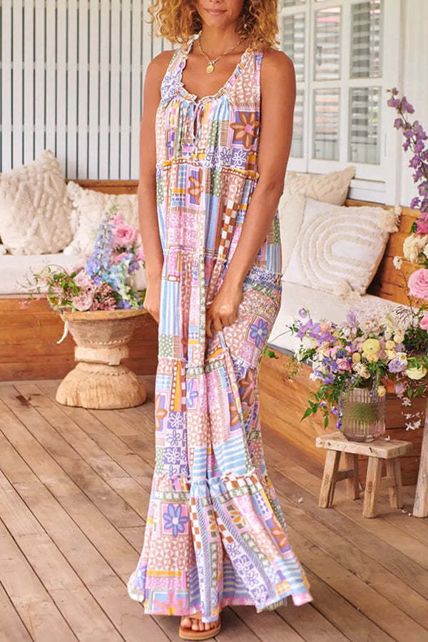Beautiful Floral Print Round Neck Suspender Patchwork Lace Up Maxi Dress