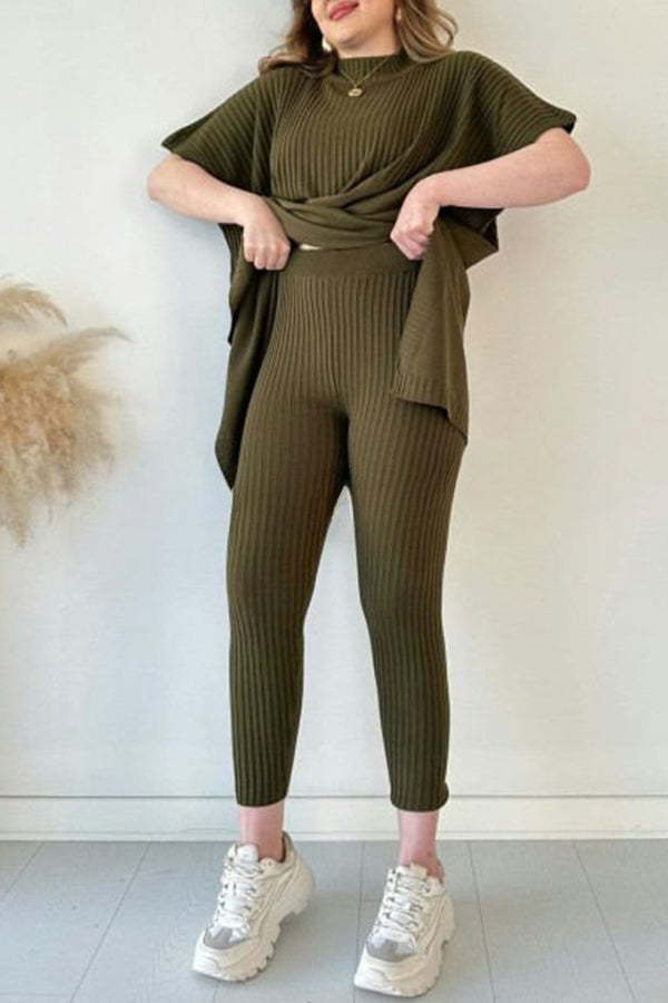 Casual Pleated Patchwork Slit Knitted Pants Suit