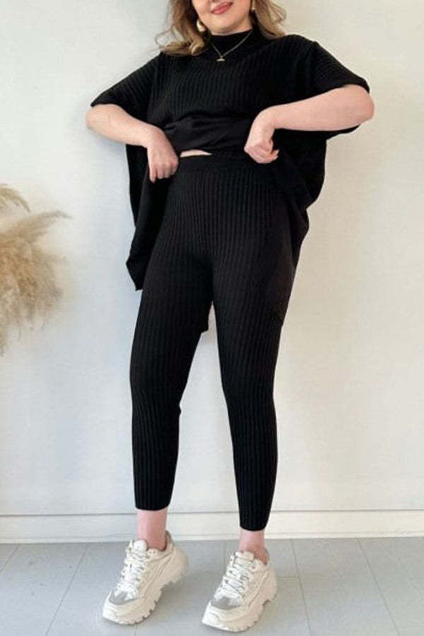 Casual Pleated Patchwork Slit Knitted Pants Suit