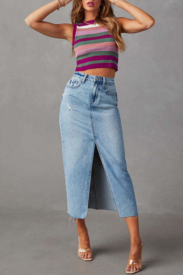 Lagne High Waisted Pocket Button Slit Washed Denim Skirt
