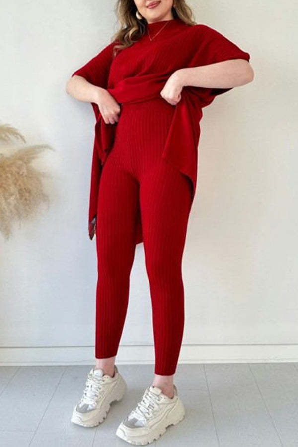 Casual Pleated Patchwork Slit Knitted Pants Suit