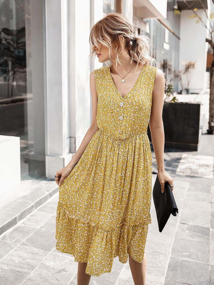 Women's Summer Small Crushed Flower V-Neck Dress