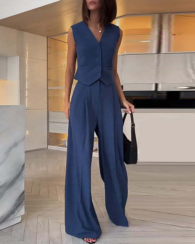 V-neck Sleeveless Vest with Wide-leg Trousers Suit