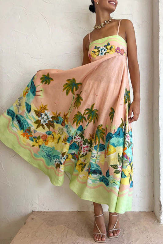 Tropical landscape print suspender dress
