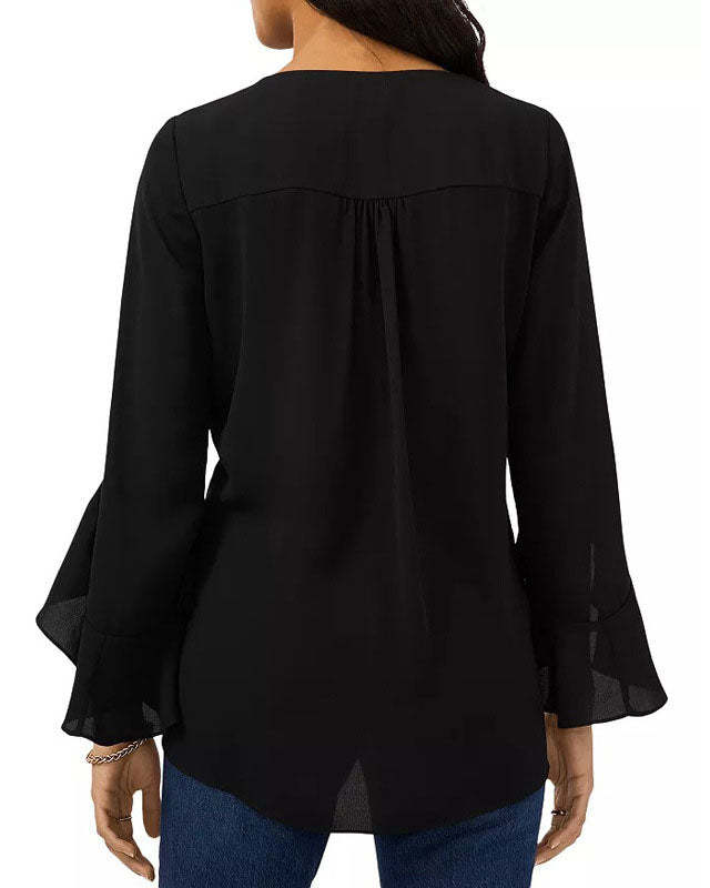 Seven-Quarter Flared Sleeves Black V-neck Shirt