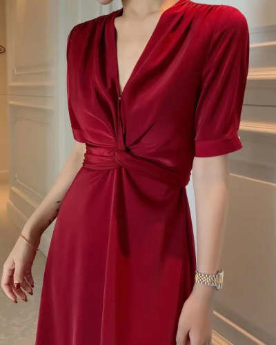 Satin V-neck Short Sleeve Midi A-line Dress