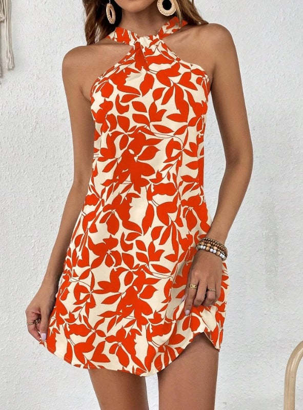 Leaf Print Sleeveless Ruffle Hem Overall Dress